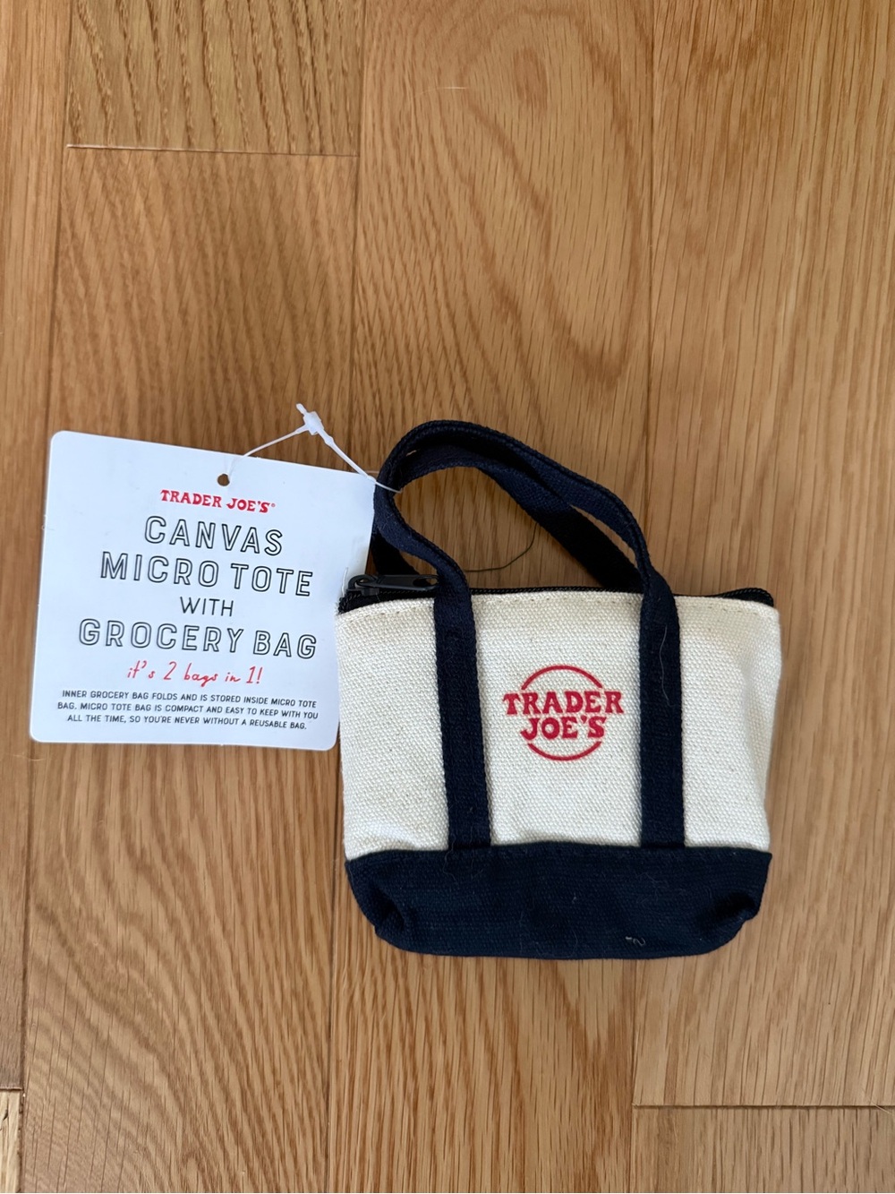 Trader Joe’s Canvas Micro Tote in Cream and Navy blue